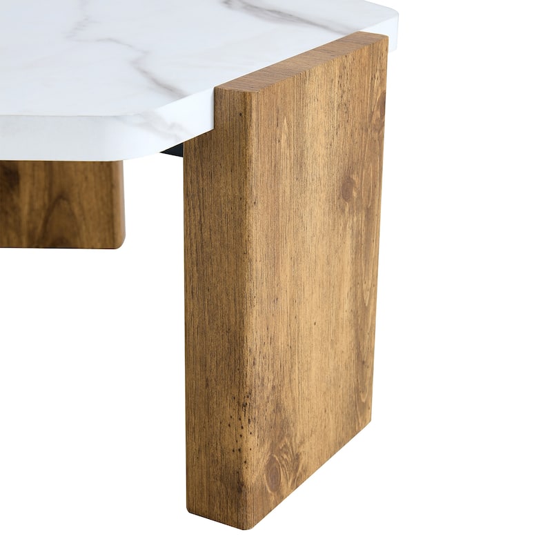 Roomfitters 31" White Marble Textured Pentagonal Coffee Table with Triangular Wood Base, White