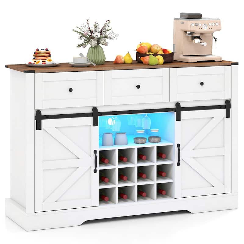 Gymax Wine Bar Cabinet w/LED Lights & Doors Coffee Station w/ - White