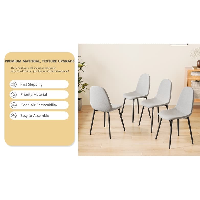 Linen 4 Piece Kitchen Dining Chair Set with Upholstered Cushion, Black Metal Legs for Dining Room Living Room Office Bedroom