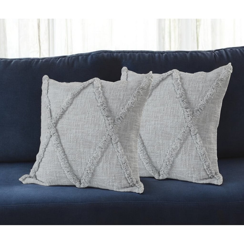 Set of Two Light Gray Diamond Cotton Throw Pillow With Fringe