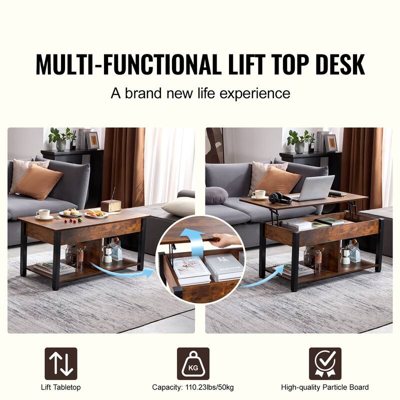 Lift Top Coffee Table, Rectangle Coffee Table with Extra Storage Pockets, Pop Up Coffee Table for Living Room