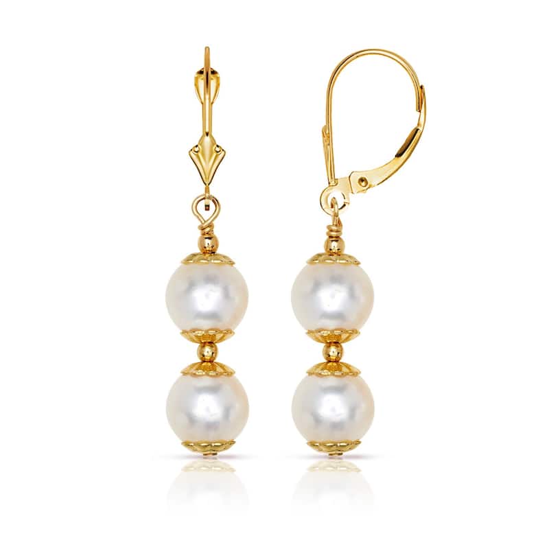 Curata 14k Gold Beaded 6mm Freshwater Cultured Pearl Double Dangle Lever Back Earrings