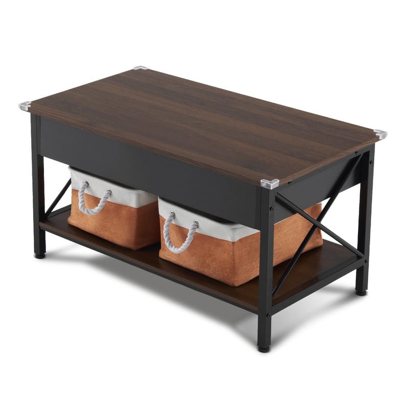 VINGLI Rectangular Nordic Walnut P2 Board with Side X-shaped Metal Frame, Adjustable Height, 2 Storage Bags, Coffee Table - Brown