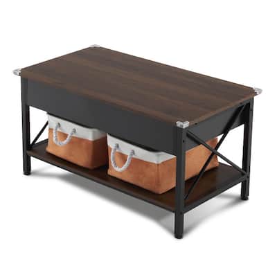 VINGLI Rectangular Nordic Walnut P2 Board with Side X-shaped Metal Frame, Adjustable Height, 2 Storage Bags, Coffee Table