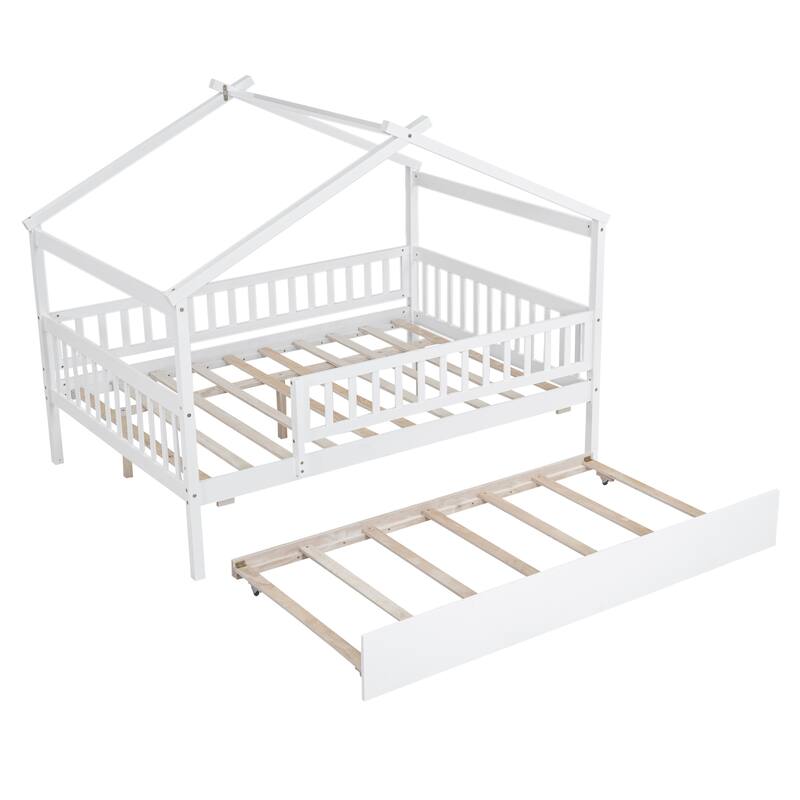 White Full Size Wooden House Bed with Twin Trundle for Kids