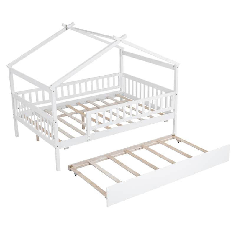 Wooden Twin/Full House Bed with Trundle and Headboard, Sky Roof Design, Durable Pine Wood
