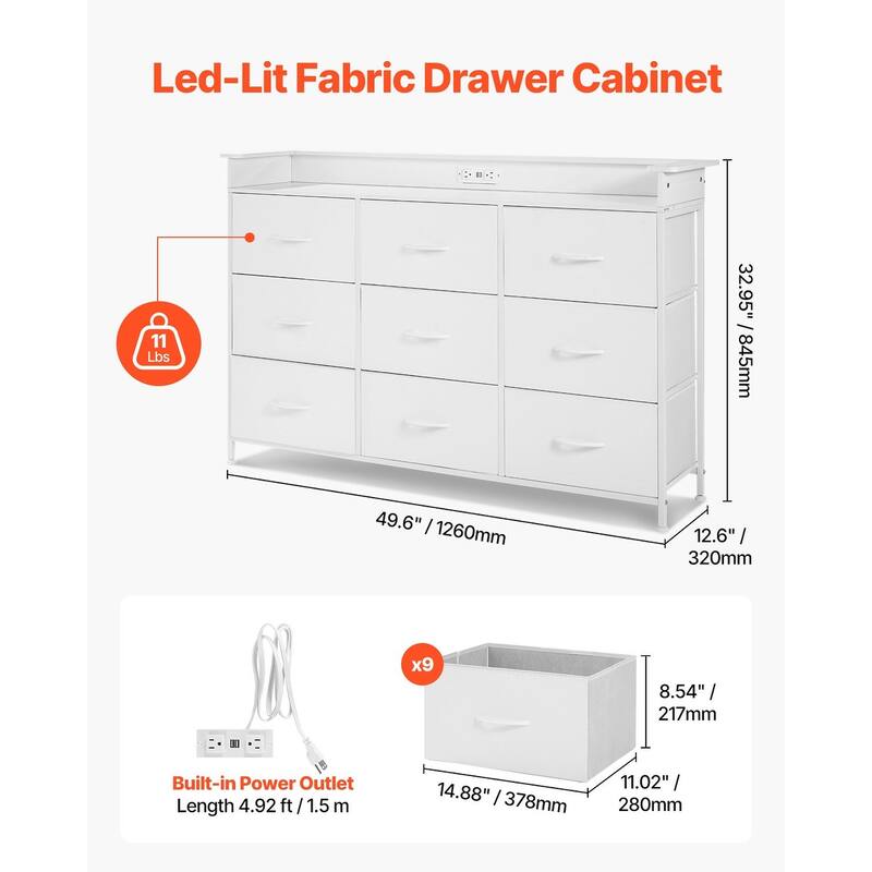 White 9 Fabric Drawer Tall Dresser with Power Outlets and Sturdy Steel Frame
