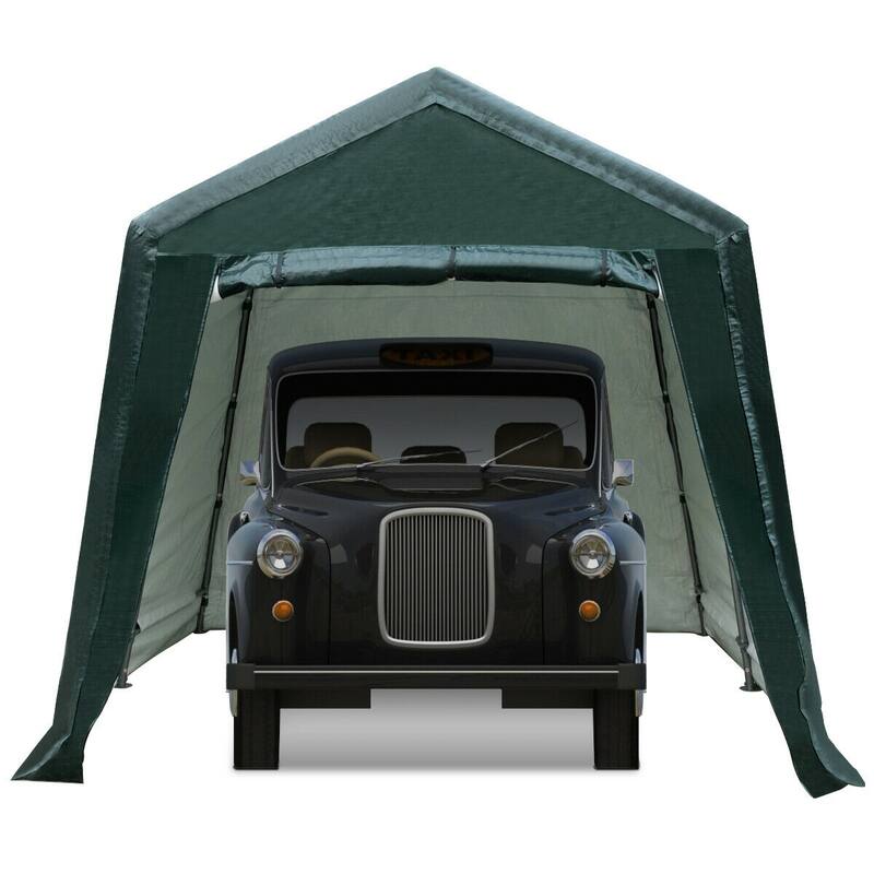 8x14ft Green Carport Tent with Sturdy Steel Frame and Waterproof PE Cover Ventilated Zipper Door - 8' x 14' x 7.6' (L x W x H)