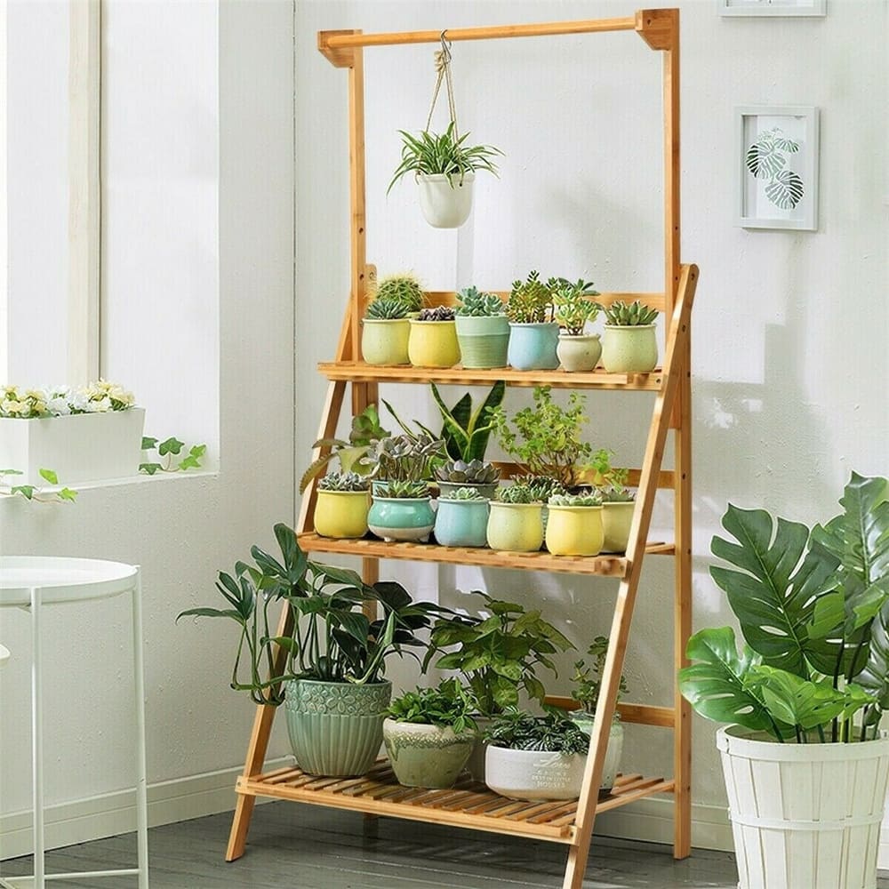 3 Tier Bamboo Hanging Plant Stand Ladder Flower Rack Hanging Baskets