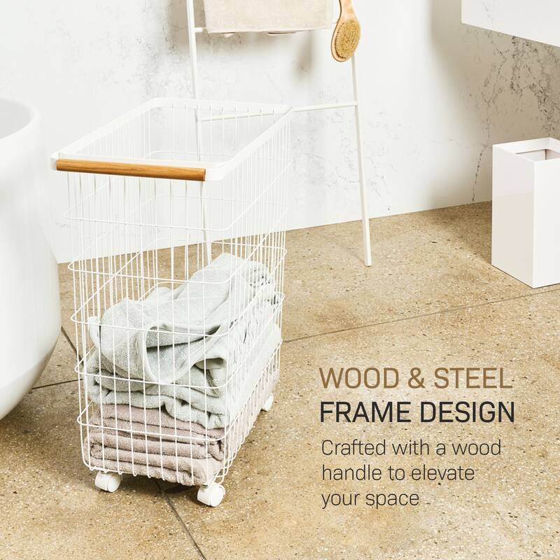 Yamazaki Home Rolling Wire Basket, Steel and Wood, 14.5 gallons, 55L, Holds 17.6 lbs - L 18.7 x W 11.02 x H 24.02 inches