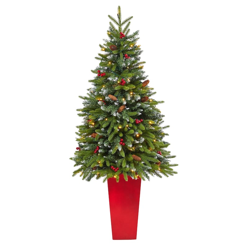 5' Potted Snow Tipped Mini Artificial Christmas Tree, Clear LED Lights - 5 Foot
