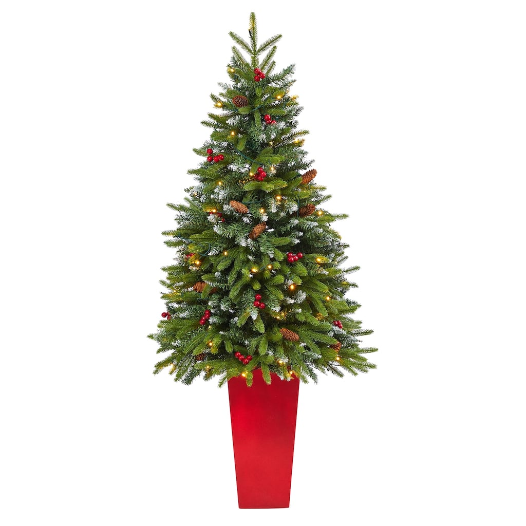 5' Potted Snow Tipped Mini Artificial Christmas Tree, Clear LED Lights - 5 Foot