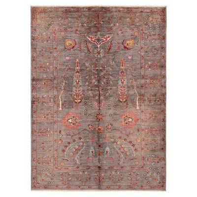 ECARPETGALLERY Hand-knotted Modern Ersari Grey Wool Rug - 4'11 x 6'9