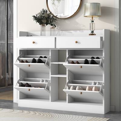 Contemporary Shoe Cabinet with 4-Flip Drawers, 2-Tier Shoe Storage Organizer with Drawers, Free Standing Shoe Rack for Hallway