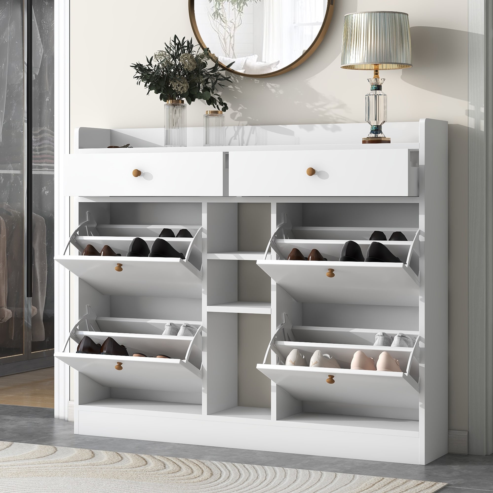 Modern Tipping Bucket Shoe Cabinet with 4 Flip Drawers, Multifunctional 2-Tier Shoe Storage Organizer with Drawers for Entrance