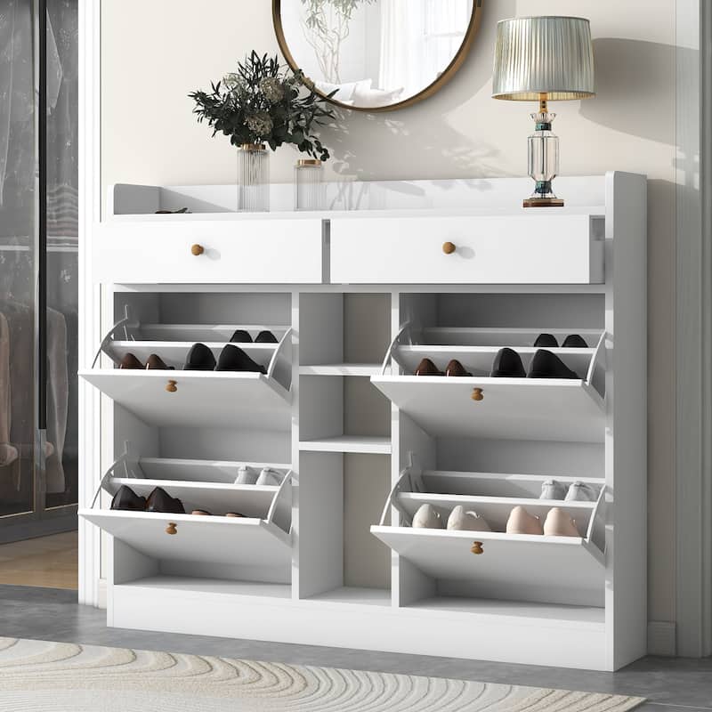 Modern White Two-tier Shoe Cabinet with 4 Flip Drawers - 9.4"W x 47.24"H x 50.7"D