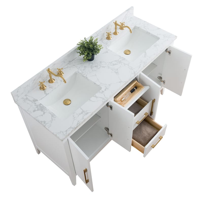Vanity Art 60" Double Sink Bathroom Vanity Cabinet with Engineered Marble Top