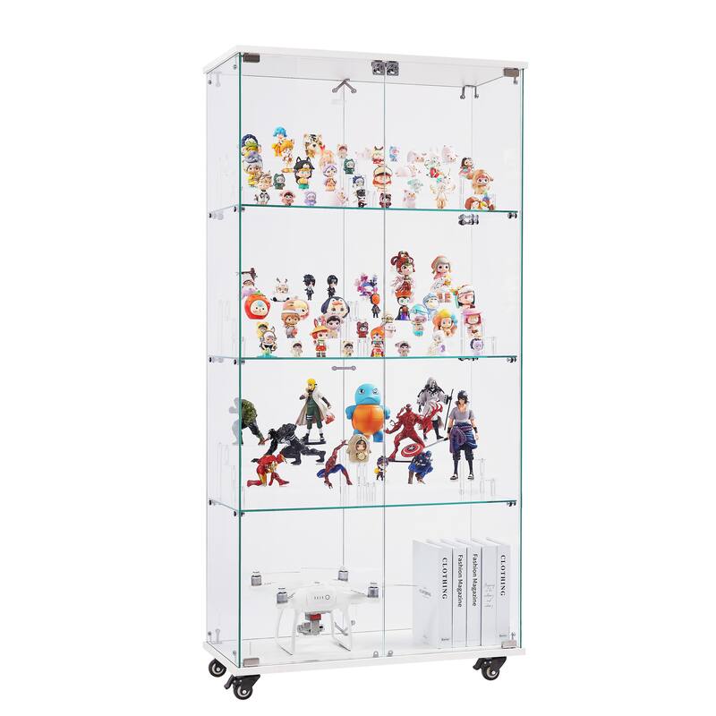 4 Tier Glass Display Cabinet, Double Door Glass Cabinet with Two Locks, Floor Standing Storage Cabinet with 6 Acrylic Shelves