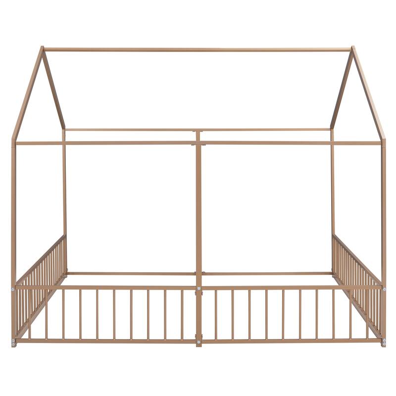 Twin Size Metal House Platform Bed with Roof, Windows, and Guardrails, 2-in-1 Bed Design, Easy Assembly