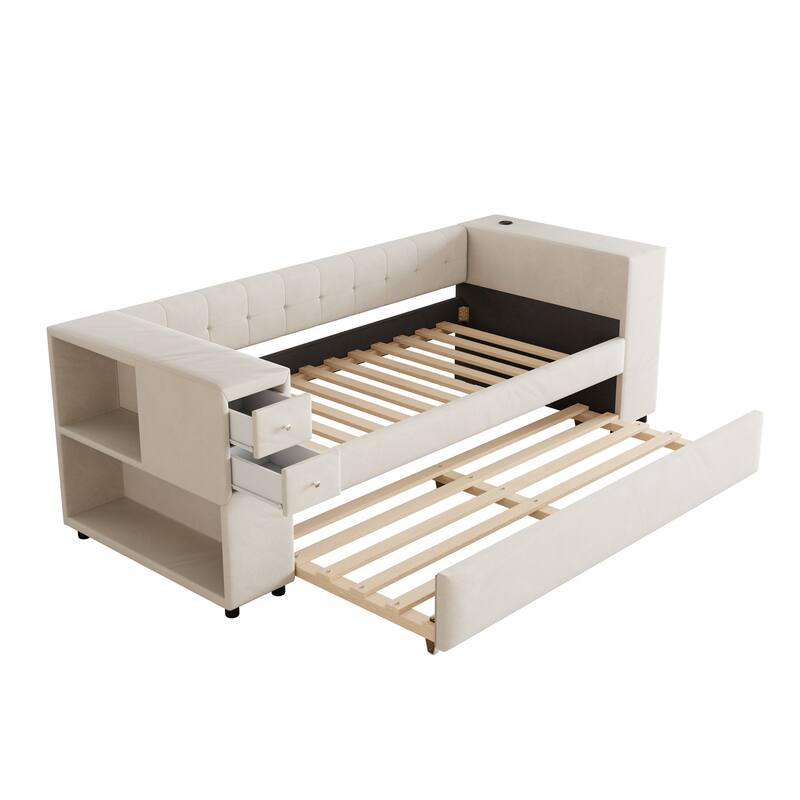 Twin Velvet Upholstered Platform Bed with Trundle, USB Charging, Storage Drawers, Beige/Gray