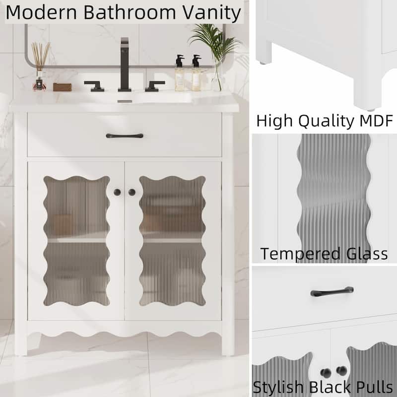 31" Bathroom Vanity with Tempered Glass - Modern Cabinet with Rubber Wood Legs and Soft-Close Doors