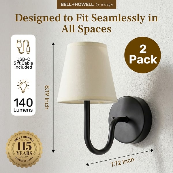 Bell + Howell Wall Light 2 Pack Smooth Fabric Rechargeable LED Wall Sconces Cordless Dimmable Touch Control