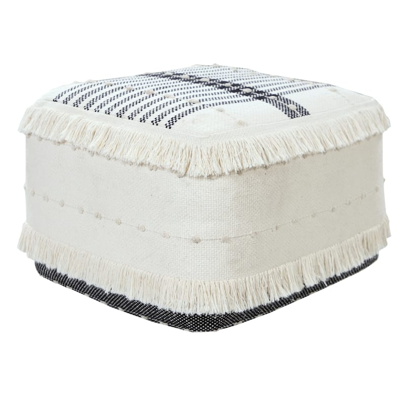 Modern Square Cotton Pouf Ottoman 18" White Stripe Seat with Durable Fill and Removable Cover - White-Black