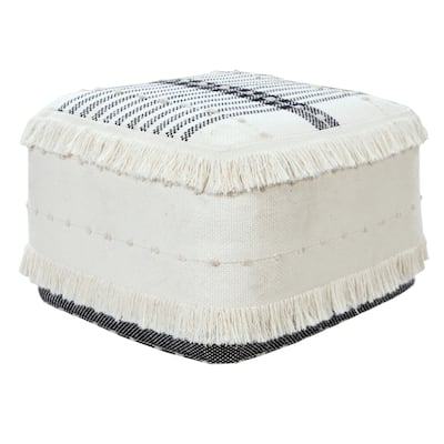 Modern Square Cotton Pouf Ottoman 18" White Stripe Seat with Durable Fill and Removable Cover