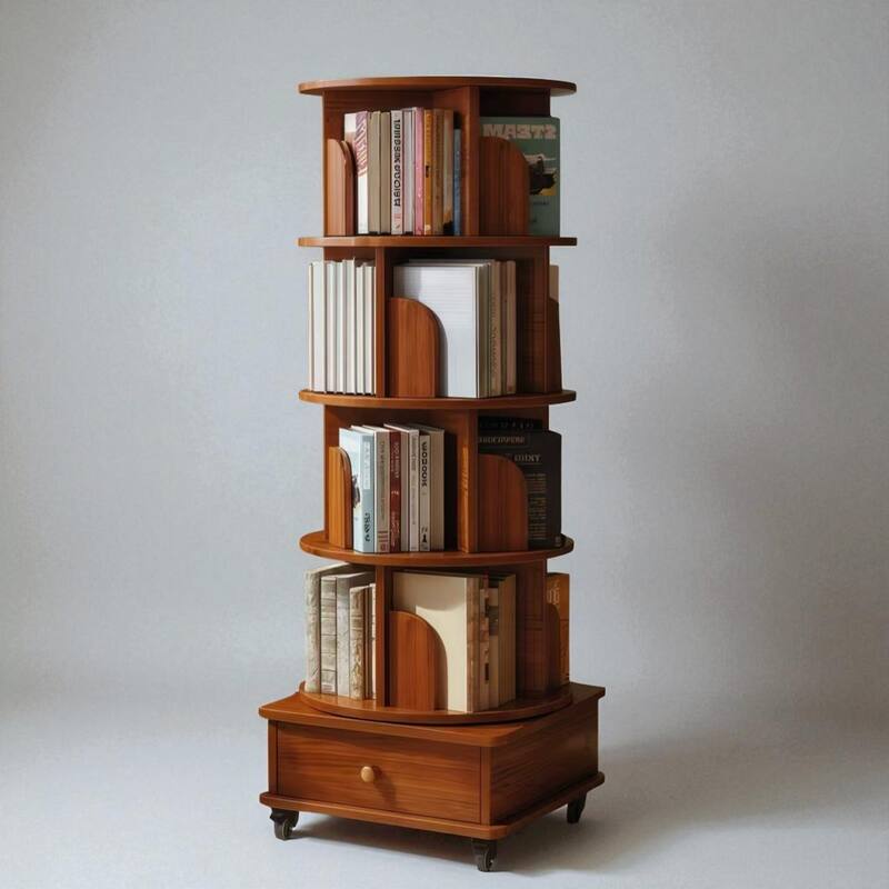 Rotating Wooden Bookcase with Drawer, 5-Tier Space-Saving Floor Shelf Organizer for Bedroom & Small Rooms - Walnut Brown
