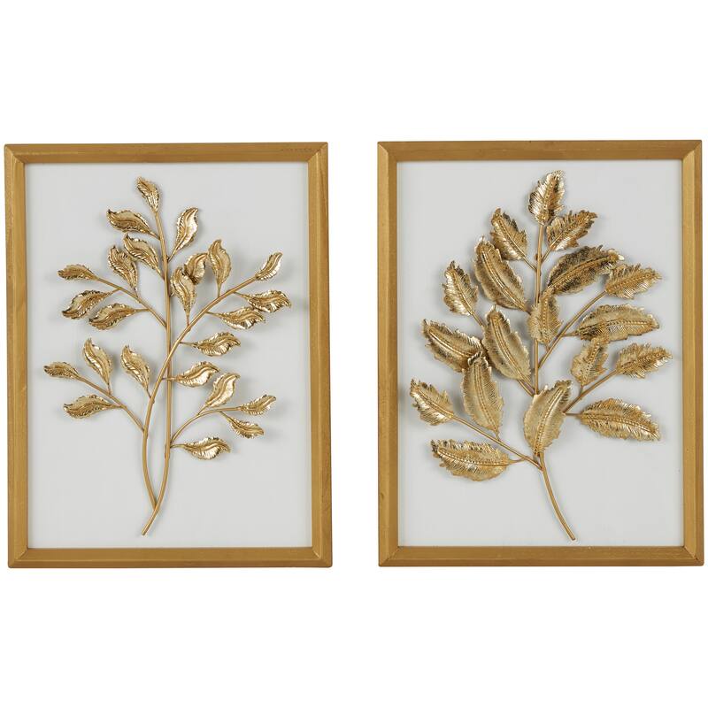 Gold Wood 3D Leaf Home Wall Decor with Beveled Frame (Set of 2)