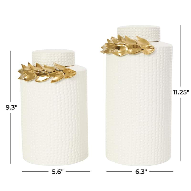 Ceramic Leaf Decorative Jars with Abstract Spotted Pattern and Gold Accents - Set of 2 White - Roche River Decor