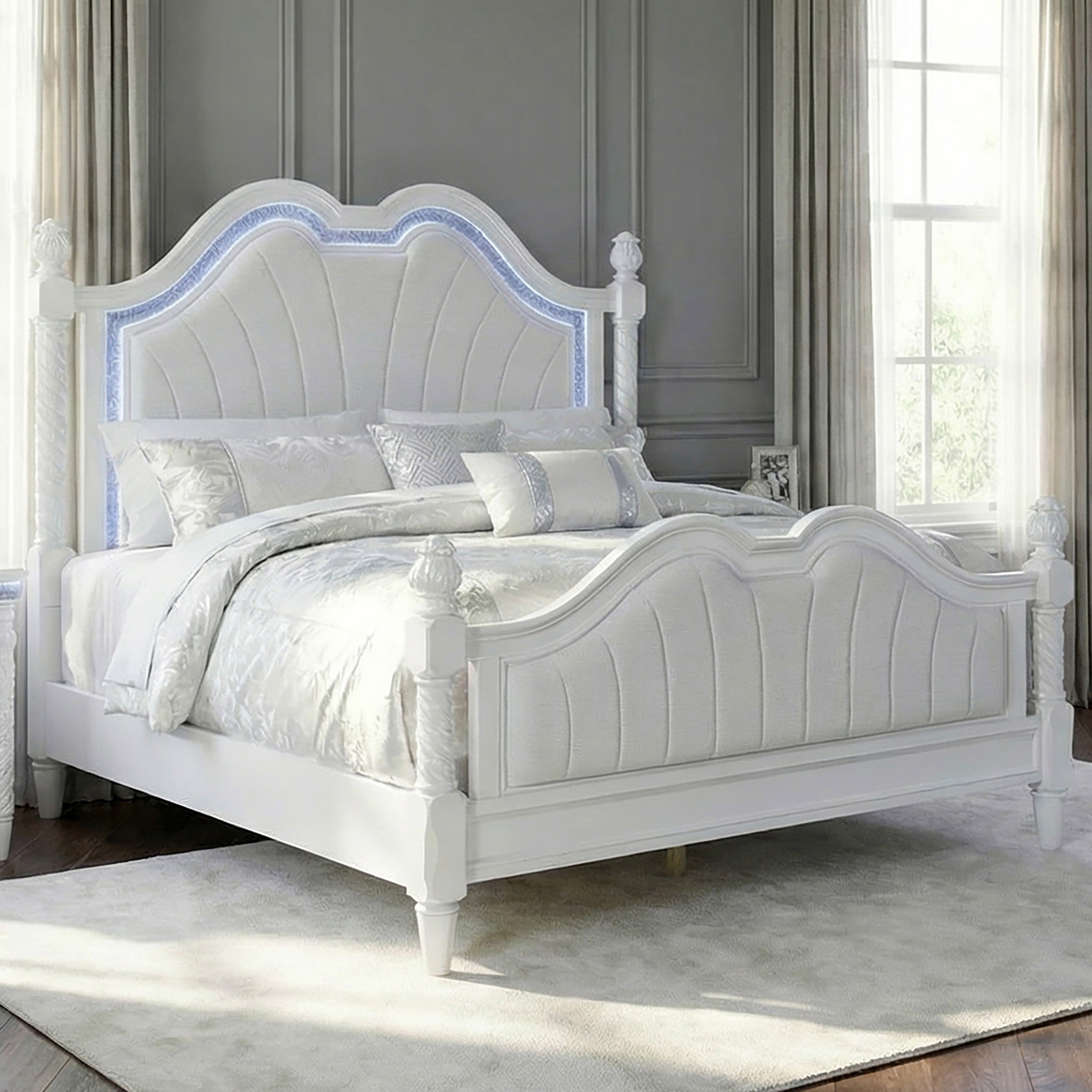 Furniture of America Perla Glam Pearl White Solid Wood Panel Bed with LED Lighting