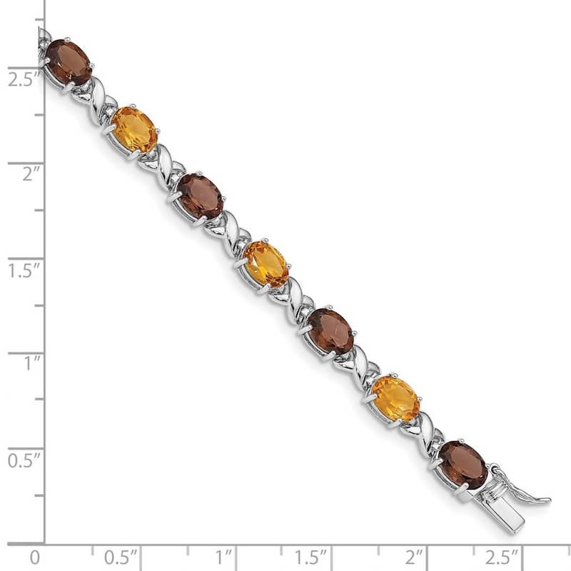 Curata 925 Sterling Silver Rhodium Plated Smoky Quartz Citrine White Topaz Bracelet 7.5 Inch
