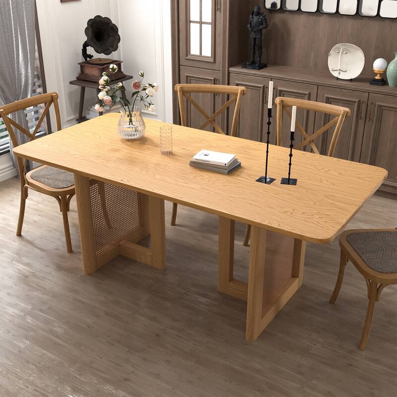 Farmhouse Kitchen Dining Room Table Furniture Square Kitchen Table with Rattan Woven Legs for Kitchen Bar Living Room
