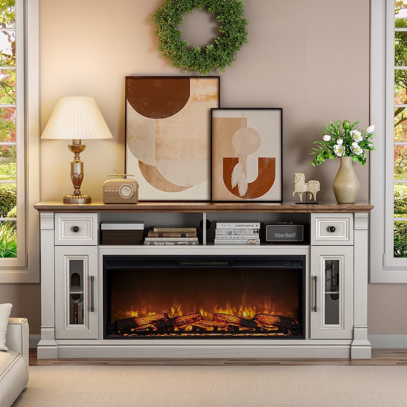 Fireplace TV Stand for 80" TV, Entertainment Center with LED Lights