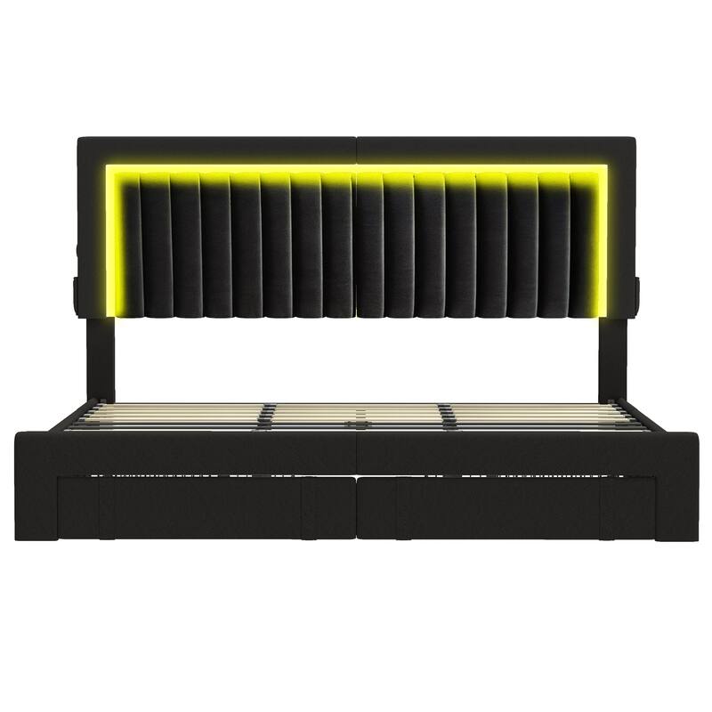 Moasis Velvet Upholstered Platform Bed, Bed Frame with Adjustable Headboard and 4 Storage Drawers