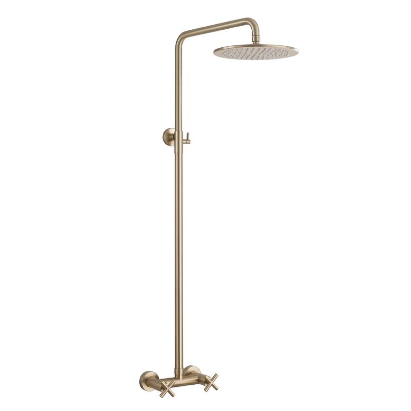 48"H Solid Brass Outdoor 10 Inch Round Rain Shower Set with Dual Cross Handle - Brushed Gold
