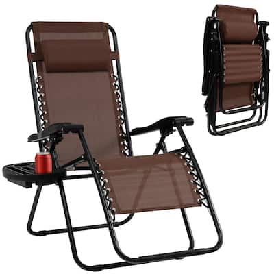 Zero Gravity Lounge Chair - Folding Outdoor Recliner w/ Cup Holder & Wide Armrest for Patio/Pool/Beach, 350lb Capacity (Brown)