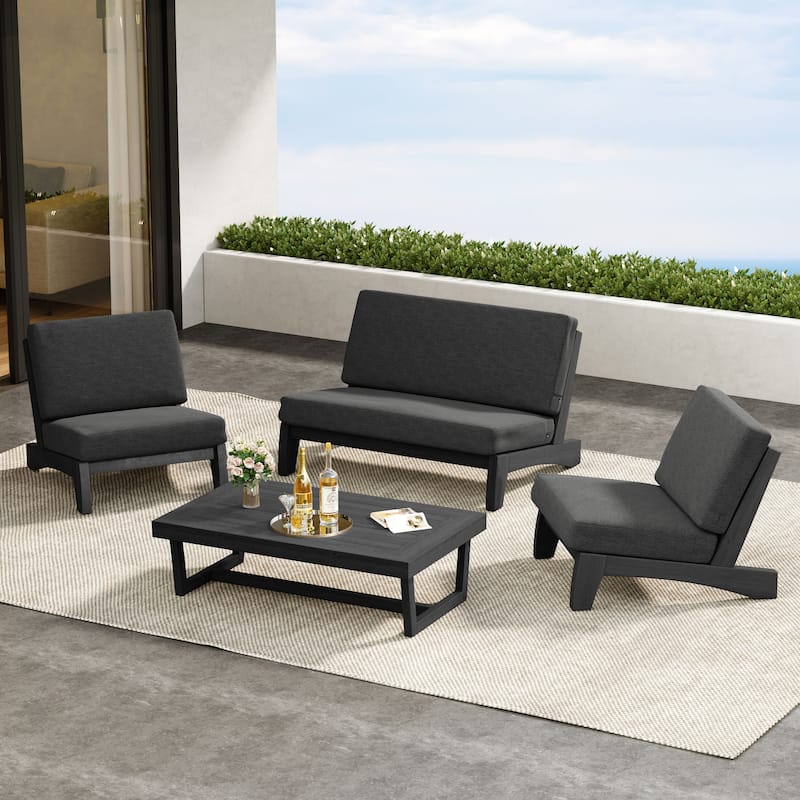 4 Pieces Wood Sectional Sofa Patio Conversation Set With Cushion