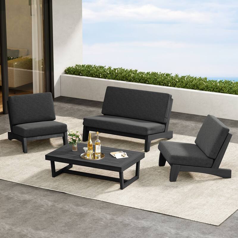 Patio 4 Pieces Teak Wood Conversation Set With Coffee Table - Dark Gray/Black - Whole Cushion