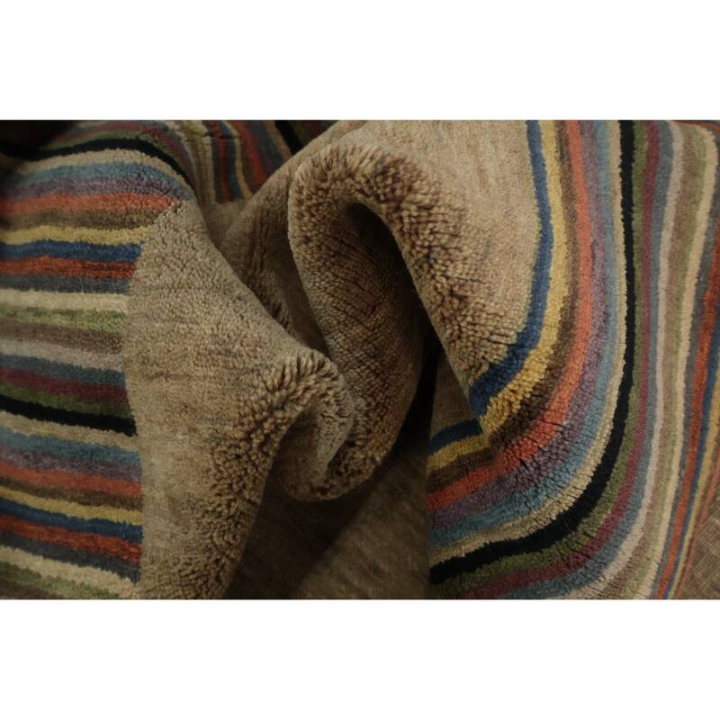 Hand Knotted Oriental 100% Wool Carpet Modern Stripe Brown Nepalese Area Rug - 5' 7'' X 3' 6''
