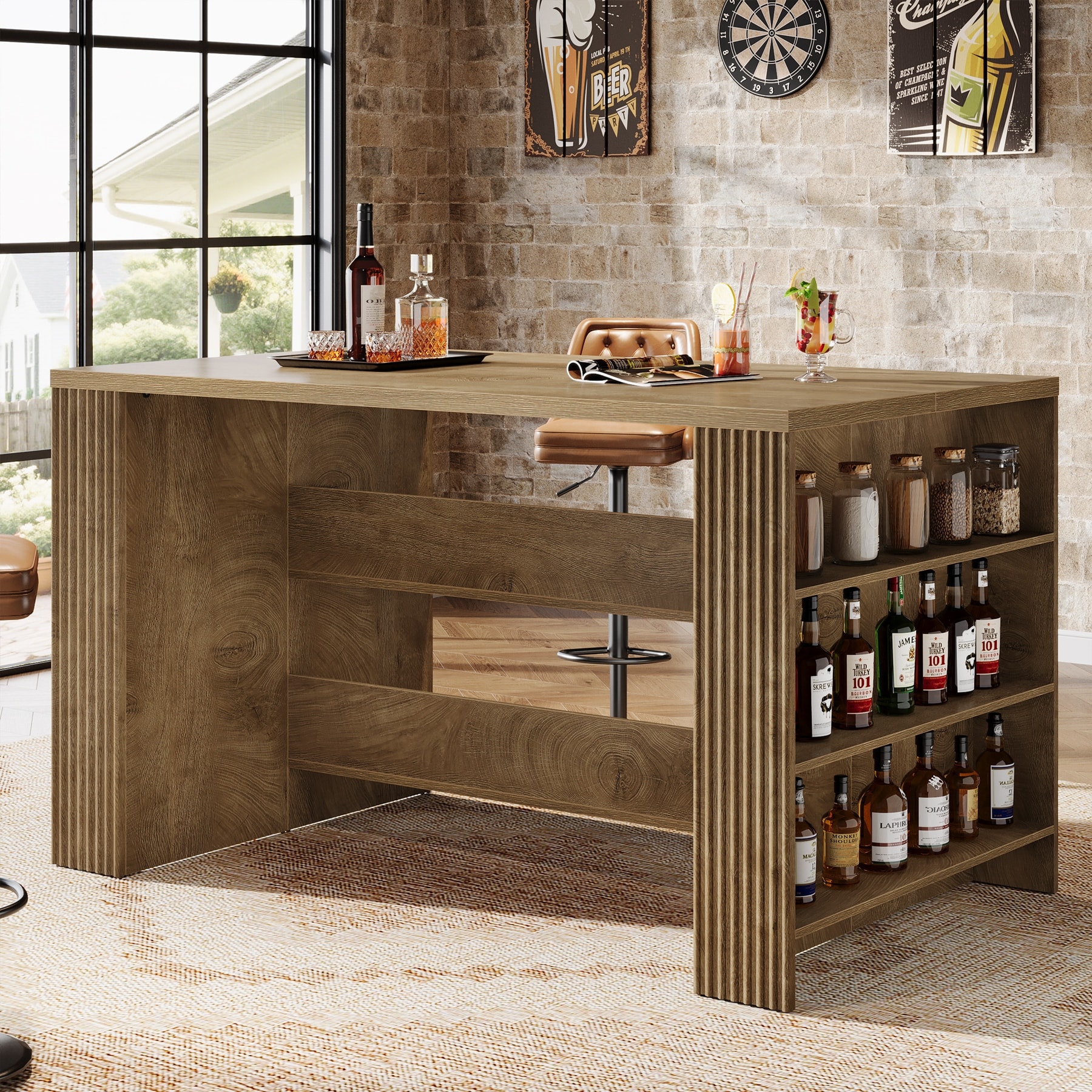 59 Inch Bar Table with Storage Shelves, Farmhouse Wooden Counter Height Pub Table for Kitchen / Dining Room