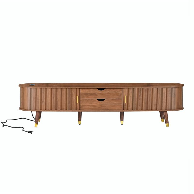 Wooden Oval Fluted TV Stand with Charging Station for TVs Up to 80"