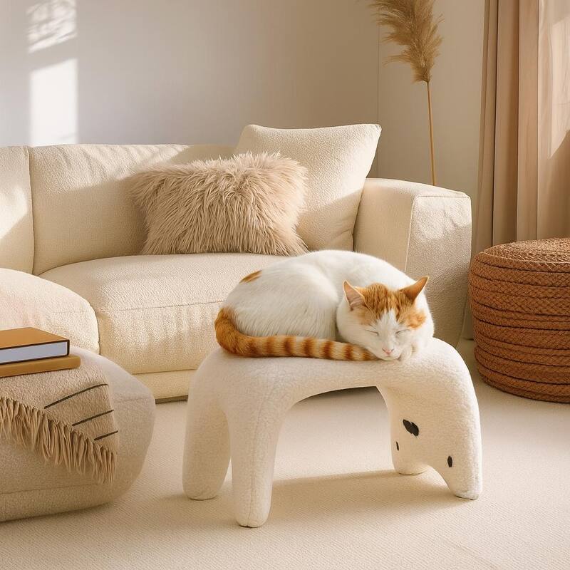 Cat Shape Upholstered Ottoman, Arched Footstool, Sofa Footrest - White