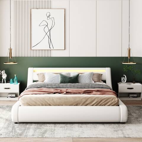 Queen Size Faux Leather Upholstered LED Lights Platform Bed with Hydraulic Storage System
