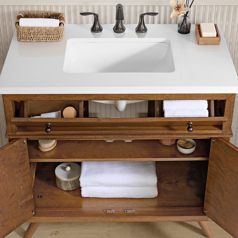 Mid-Century Modern 37” Cinnamon Brown Wood Single Bathroom Vanity