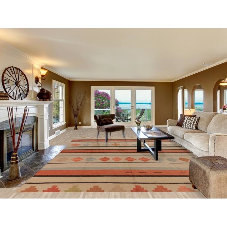 Hand Woven Oriental 100% Jute Carpet Modern Stripe Beige & Ivories Kilim Area Rug - 14' 0'' X 10' 0''