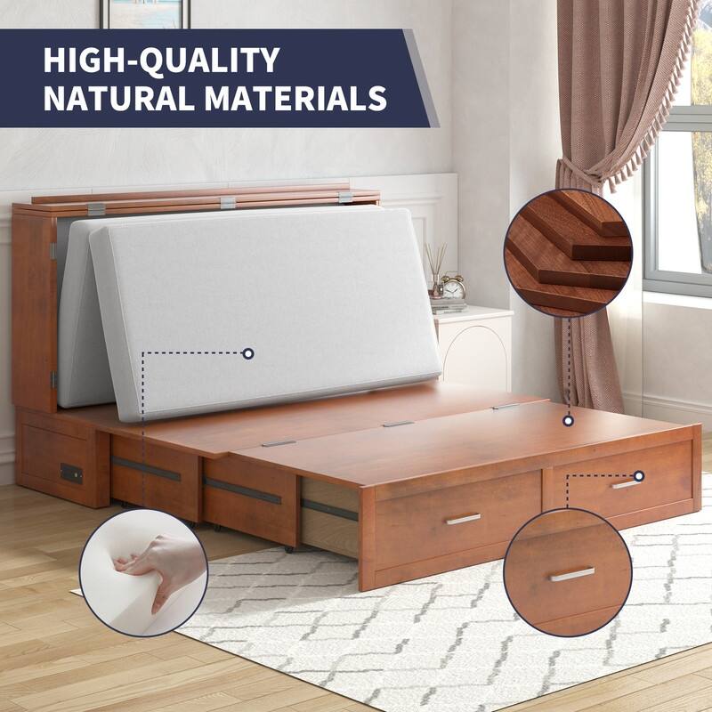 Mixoy Modern Murphy Bed Chest with Mattress,Storage Drawer,Charging Station