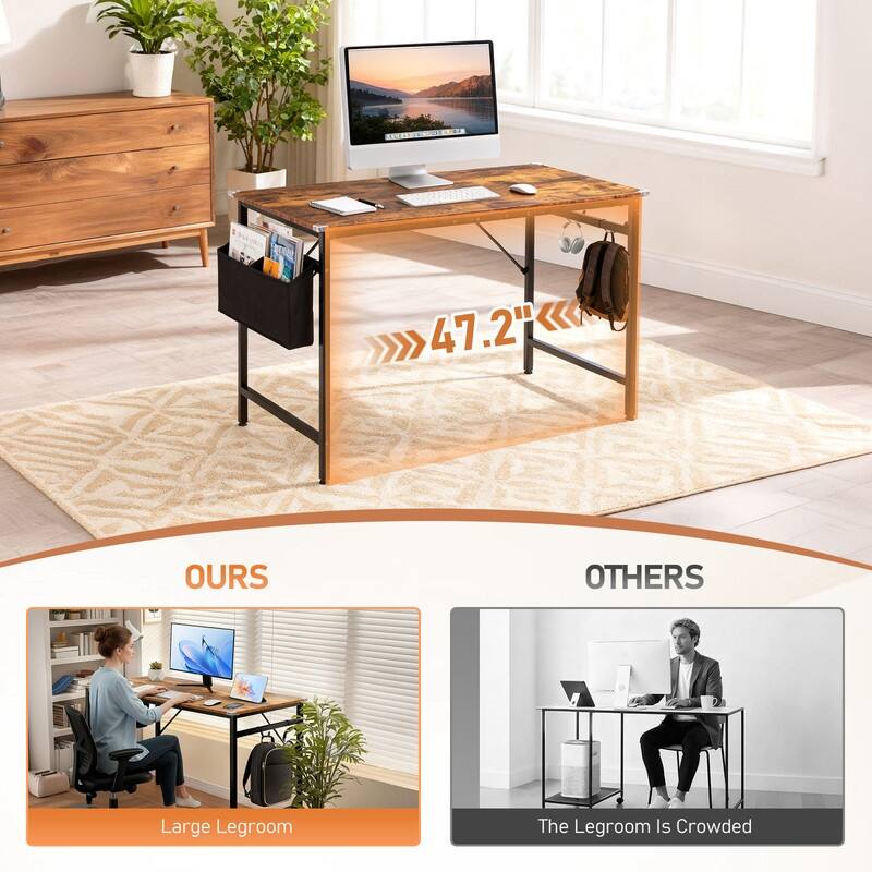 47.2” Computer Desk for Home Office - Study Writing Desk with Storage, Side Hooks & Adjustable Feet