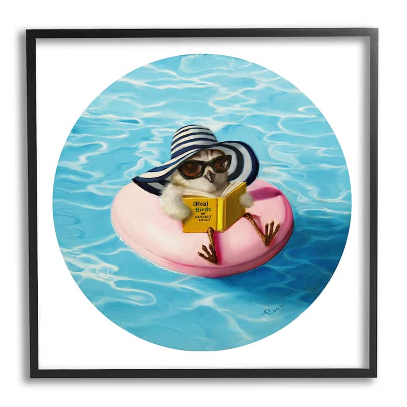 Stupell Bird Reading Book Pool Float Beverly Hills Sun Hat Framed Wall Art - Pink